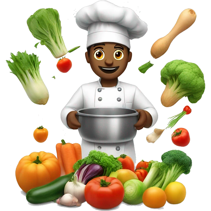 the cook is cooking, vegetables and fruits are flying above him and near him emoji