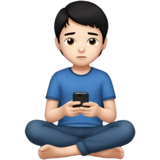 un niño de entre 3 - 10 años jugando con su celular, cansado y sentado en una habitacion apagada, el niño tiene piel blanca y cabello negro (hombre)

 emoji