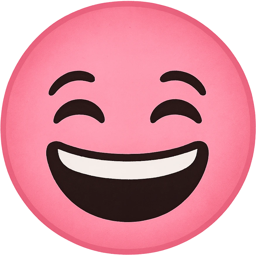 a pink laughing face emoji, big smile, closed eyes, joyful emoji