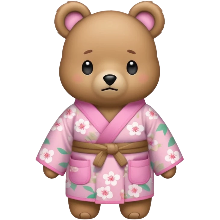 A cute light-brown bear wearing a pastel pink sakura-patterned kimono, normal balanced body ratio.  
Turning pockets inside out with a worried embarrassed face, a tiny coin rolling away.  
Kawaii emoji style, minimalistic clean sticker illustration, white background. emoji