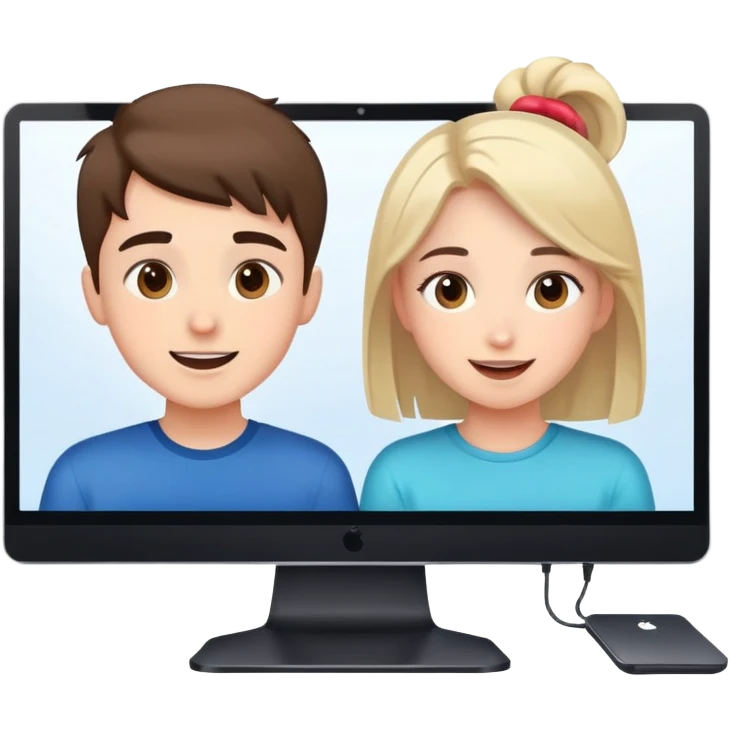 boy and girl on a video call, computer screens with faces, happy conversation emoji