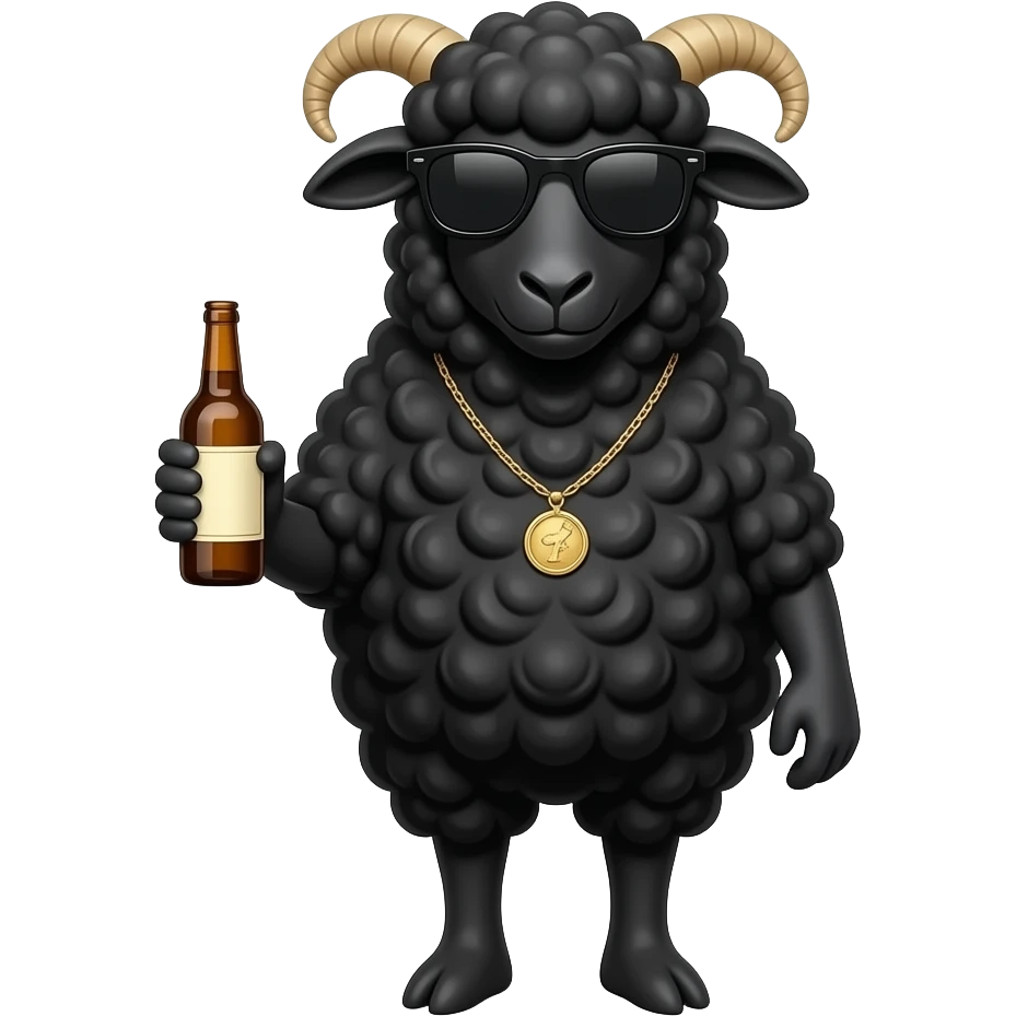 Black Sheep wearing sunglasses, necklace and holding a bottle emoji