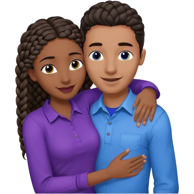 Boyfriend who is middle Eastern olive skinned with blue eyes and wavy straight brown hair in a blue shirt and his African girlfriend who is very black skinned, juicy lipped with black braided hair and the two are hugging and smiling hugely she’s wearing purple and she has black eyes emoji