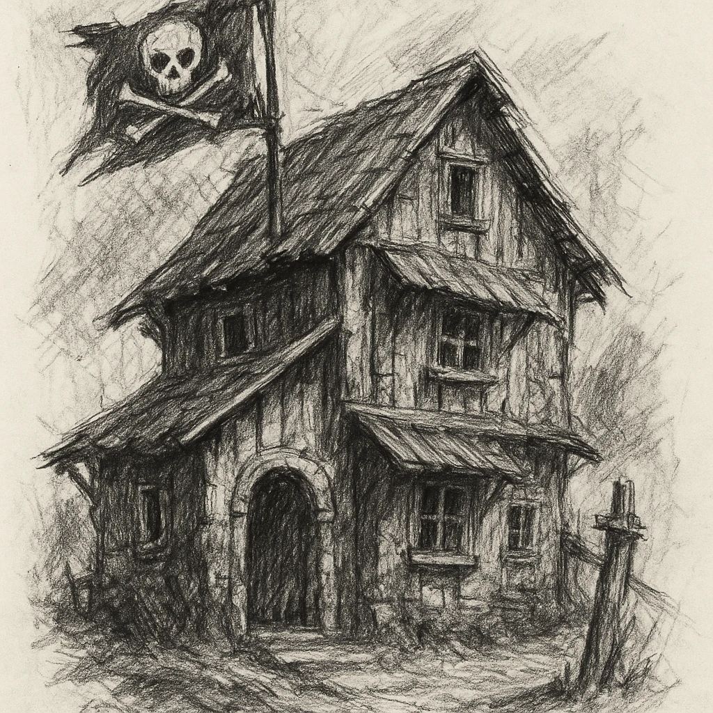 old pirate's house with skull flag emoji
