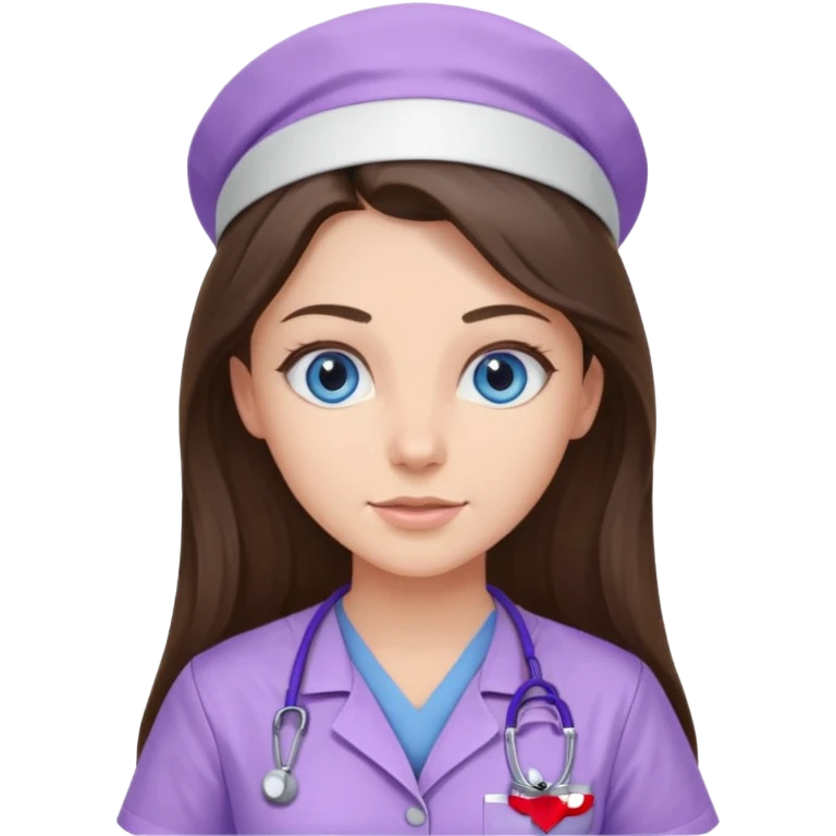 pretty brunette nurse with long hair and blue eyes in lilac scrubs emoji