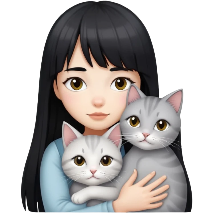 girl with long black  straight bangs hair and hugging two light grey-shared cats emoji