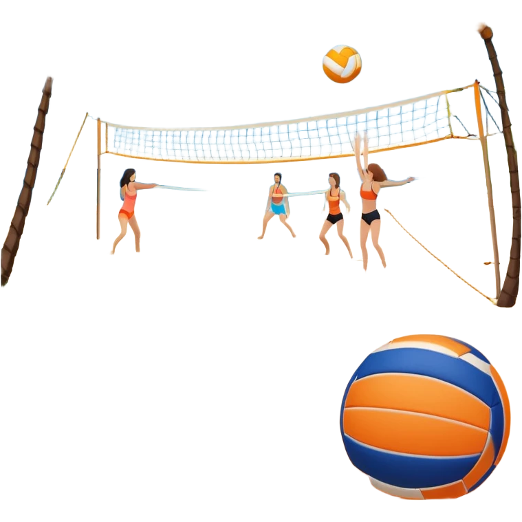 The scene captures a sunny sea beach atmosphere with clear blue sea and sky, palm trees swaying, and people in swimsuits enjoying the vibrant surroundings. A volleyball resting on the orange sand ground of a beach, with a volleyball net in the background.  emoji