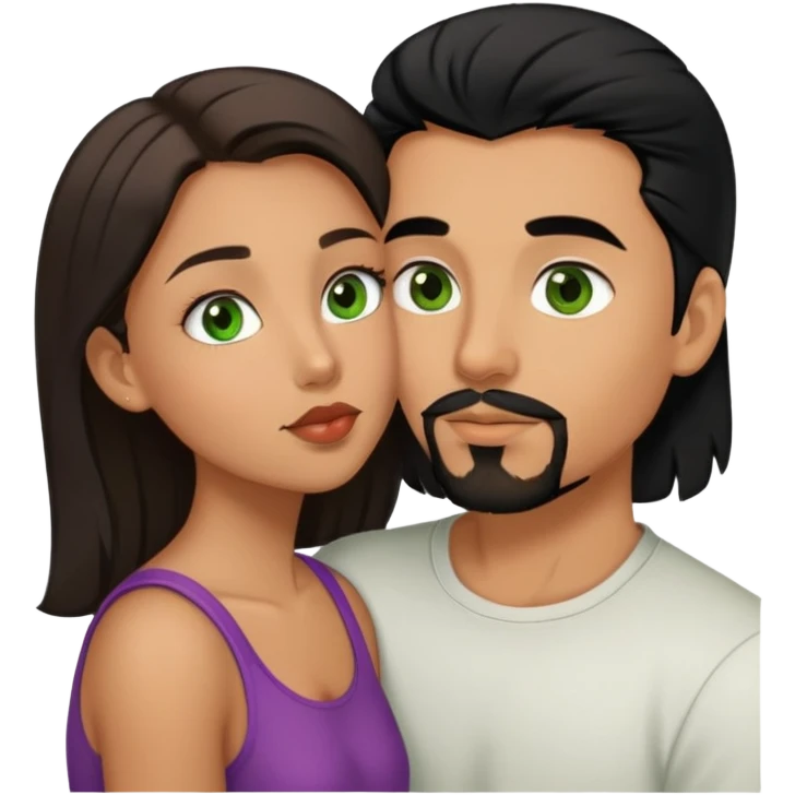 Boy with goatee￼ and black hair brown eyes kinda tan kissing girl brown hair green eyes a little tan emoji