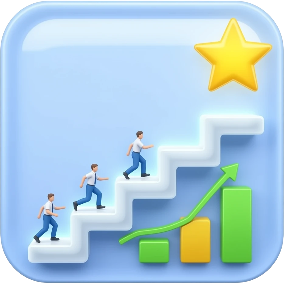 3D icon, career path for employees. Glowing staircase leading up to a star. Small human figures climbing steps. Growth chart at the base. Clean white background. Minimalist, corporate style emoji