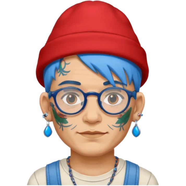 unique looking tourist with big unique red tourist hat and earrings, man with lots of tattoes and spectacles, blue hair showing emoji