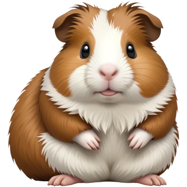 cinematic-[guinea pig]-realistic-full-body-sitting-emoji,-tiny-paws-tucked-close,-head-tilted-dramatically,-fluffy-[brown and white]-fur,-simplified-yet-realistic-focused-features,-highly-detailed,-glowing-with-an-almost-sarcastic-glow emoji