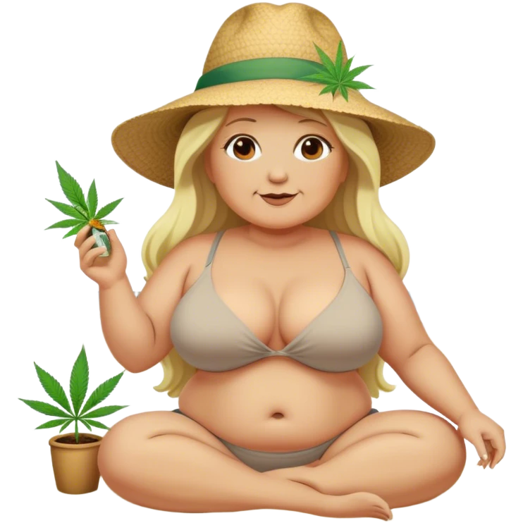 Middle aged, long blonde haired, chubby woman on the beach with marijuna emoji