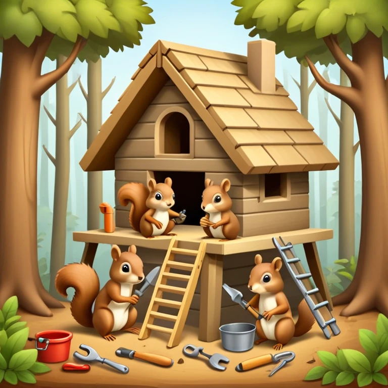 squirrel hut under construction with four workers emoji