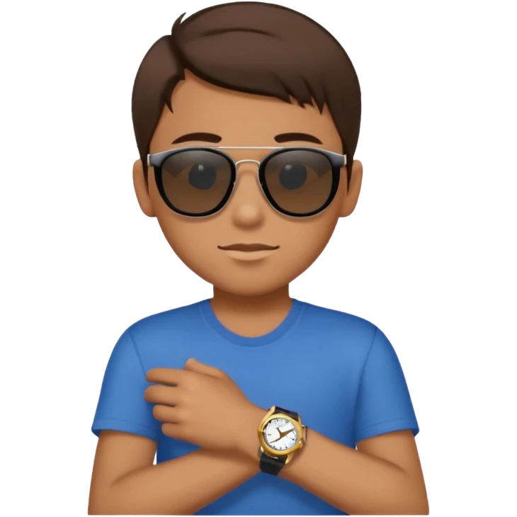 Un niño con pelo lacio color castaño,con lentes de sol negros y un reloj en la mano emoji