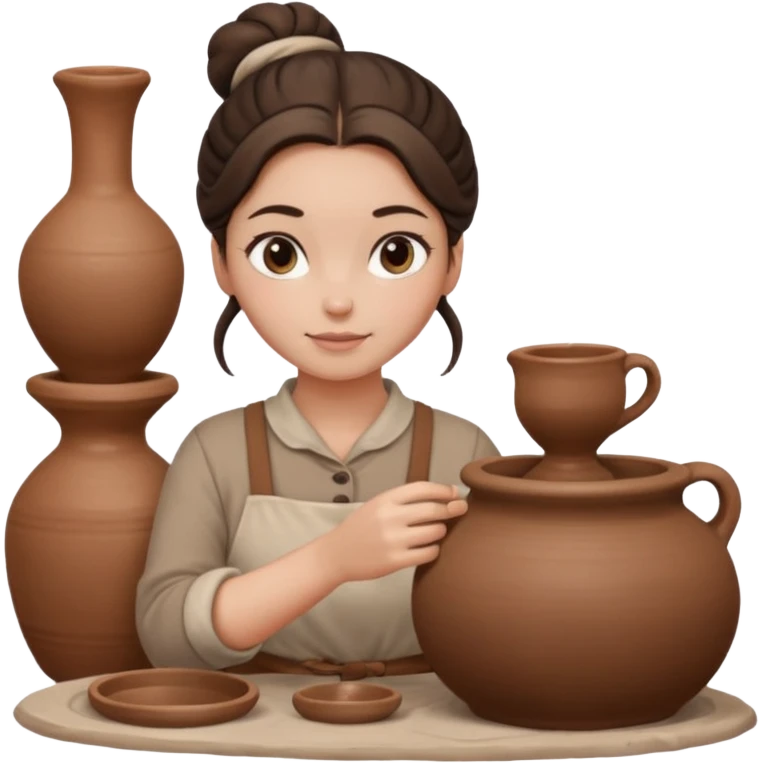 Brunette girl with a bun, behind the potter's wheel, wearing neutral clothing emoji