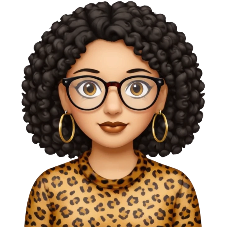 A women who wears glasses with a black curly hair, in a leopard print shirt, hoop earrings   emoji