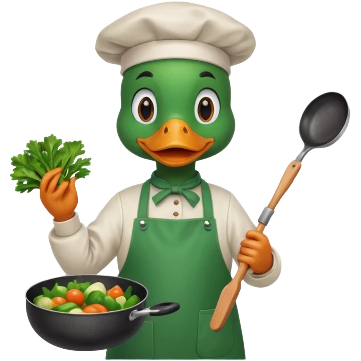 A duck holding a frying pan with vegetables, wearing green apron emoji