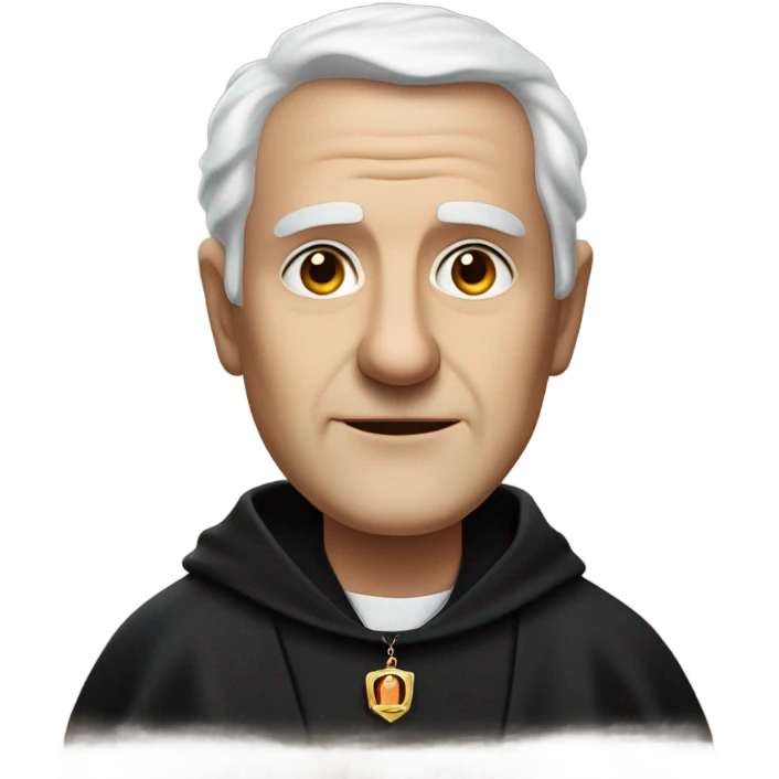 "An middle aged man with thinning white hair, a weathered face, and a solemn expression. He wears a black robe with a clerical collar and holds a Bible or rosary, standing in a modest church." emoji