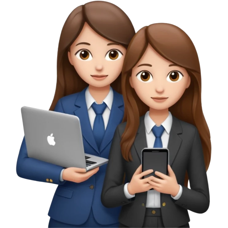 two brown haired girls, looking professional maybe leaned on each others back and looking forward and using phones, with long hair and one girl can hold lap top another one can hold the phone, professional clothes emoji