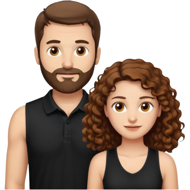 Criar Casal - Homem branco de cabelo liso e olhos marrom, com barba, expressão séria usando camiseta polo preta e mulher de pele branca cabelo cacheado marrom longo e olhos mel, usando uma regata fina branca, quero ela sorrindo emoji