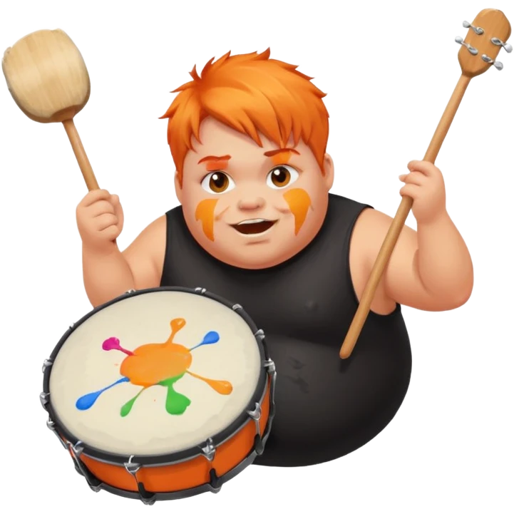 A chubby orange hair fan pounding a bass drum, cheeks puffing with energy with paints on his cheeks emoji