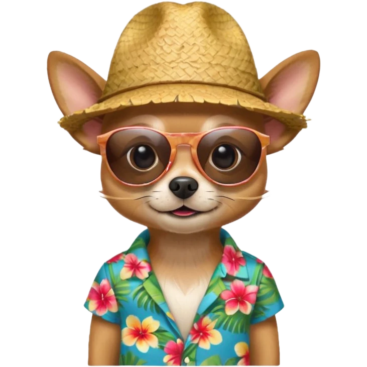 Chihuahua with sunglasses and straw hat, hawaii shirt emoji