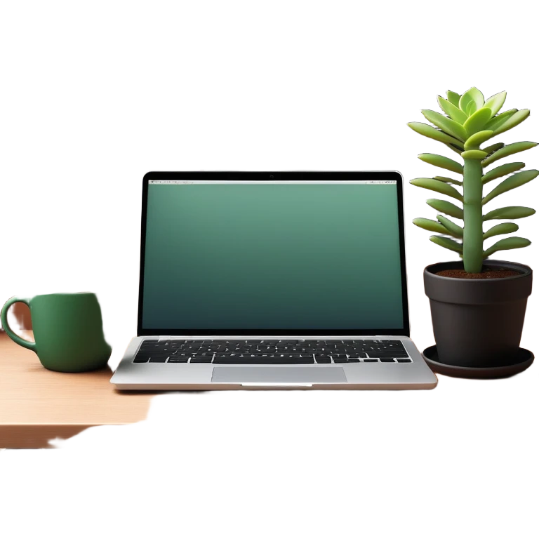 A tidy desk with a laptop, a steaming cup of coffee, and a small green potted plant, showing an organized and inspiring workspace emoji