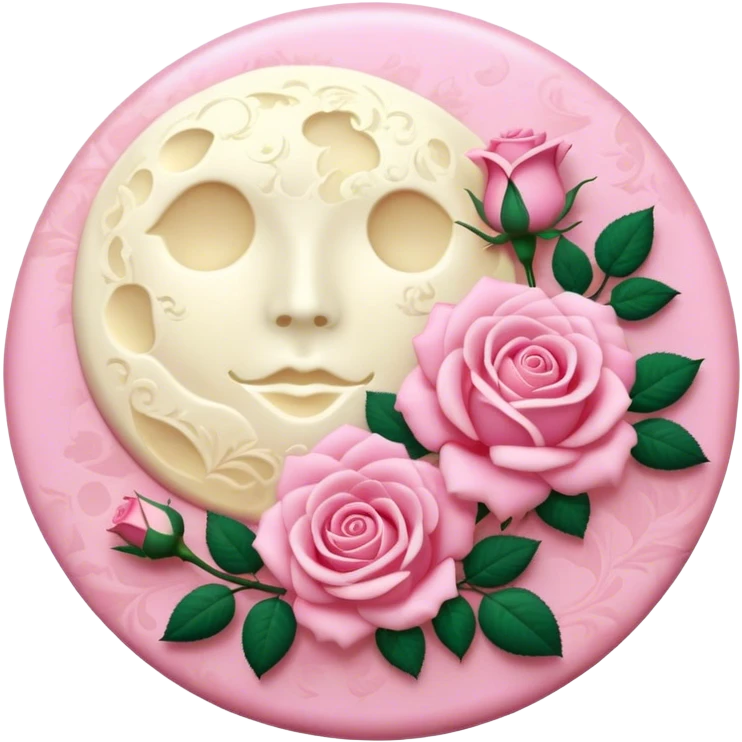 A round pink button with a light cream full damask moon and pink roses in the center emoji