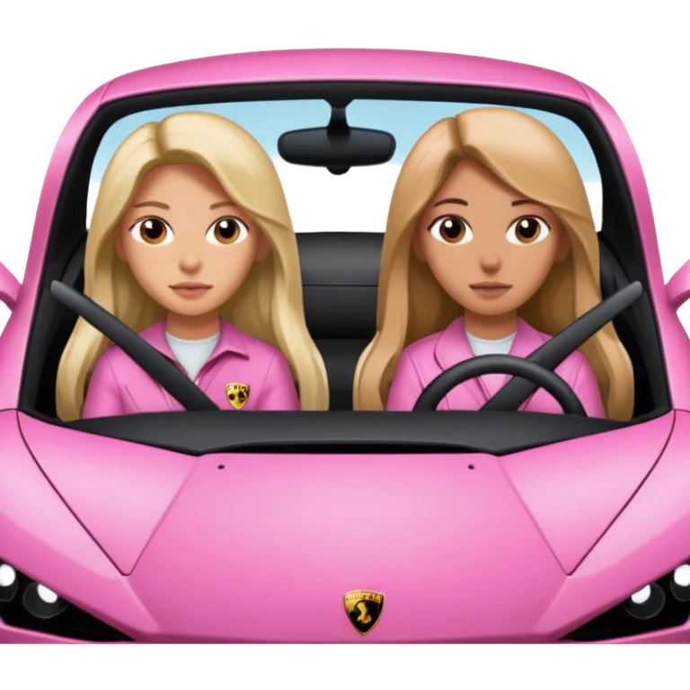 Make car far away so I can see full car Car facing forward in sports car. Make hair long  two girls in car far away Front of car sitting in the seats. Make it a pink sports car. They are two baddies make it a Lamborghini pink car  emoji