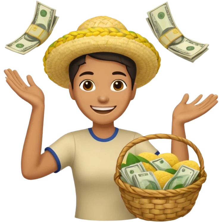 baskets, some overflowing with money, others with colombian arepas in the background a very happy person ridiculously throwing money around emoji