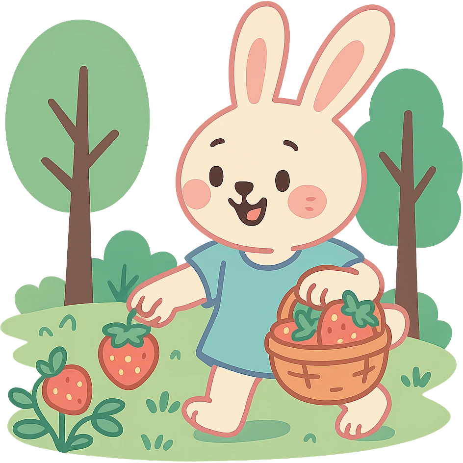 bunny picking strawberries in the woods, sweet pastel red, pastel-toon style emoji