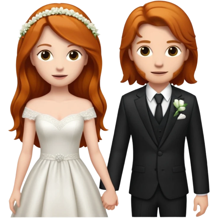 two girls getting married. one long haired ginger in a suit. one long haired dark brunette in a dress emoji