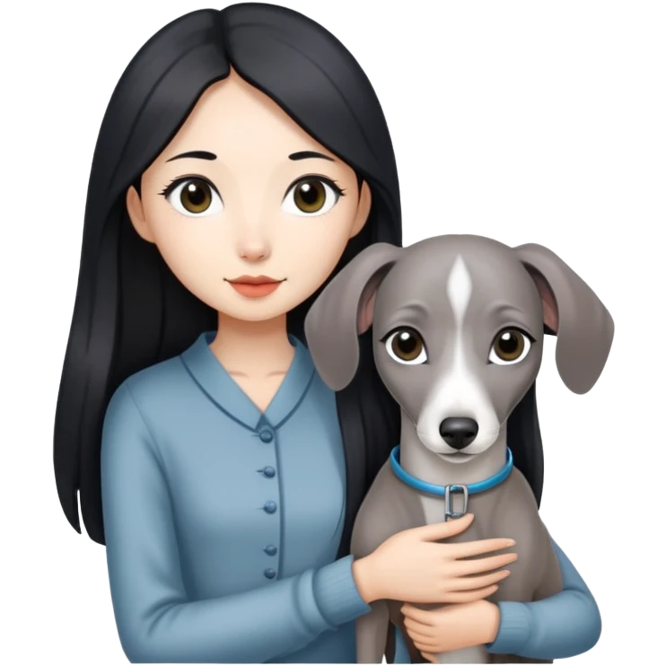 Slim Chinese girl with long black hair holding all grey Italian greyhound emoji