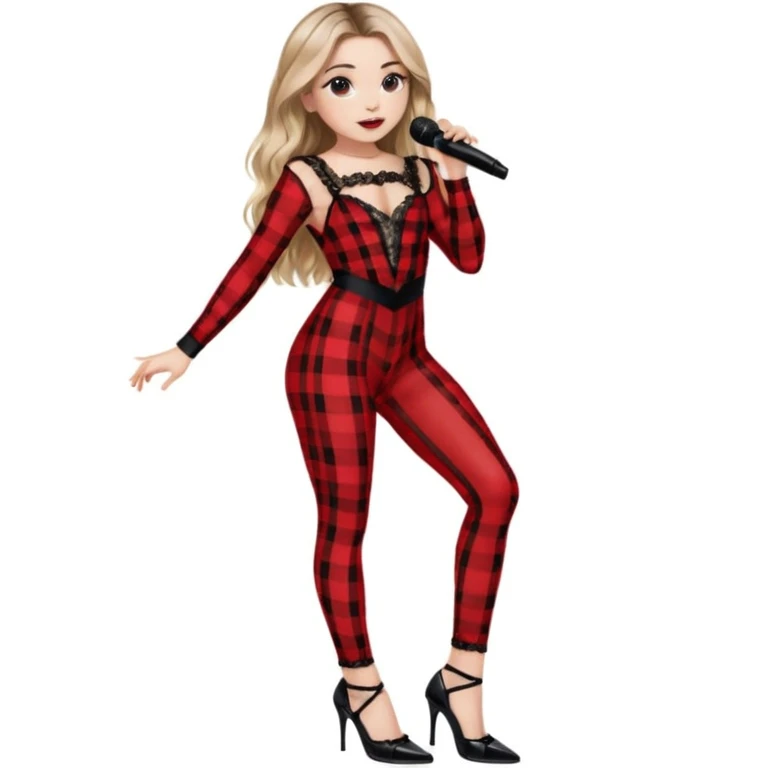 Sabrina carpenter singing at concert wearing a black and red plaid bodysuit a red sheer top covering the bodysuit, a strip of black lace around her leg, black sparkle heels. there is a  huge crowd and light pink stage setting  emoji