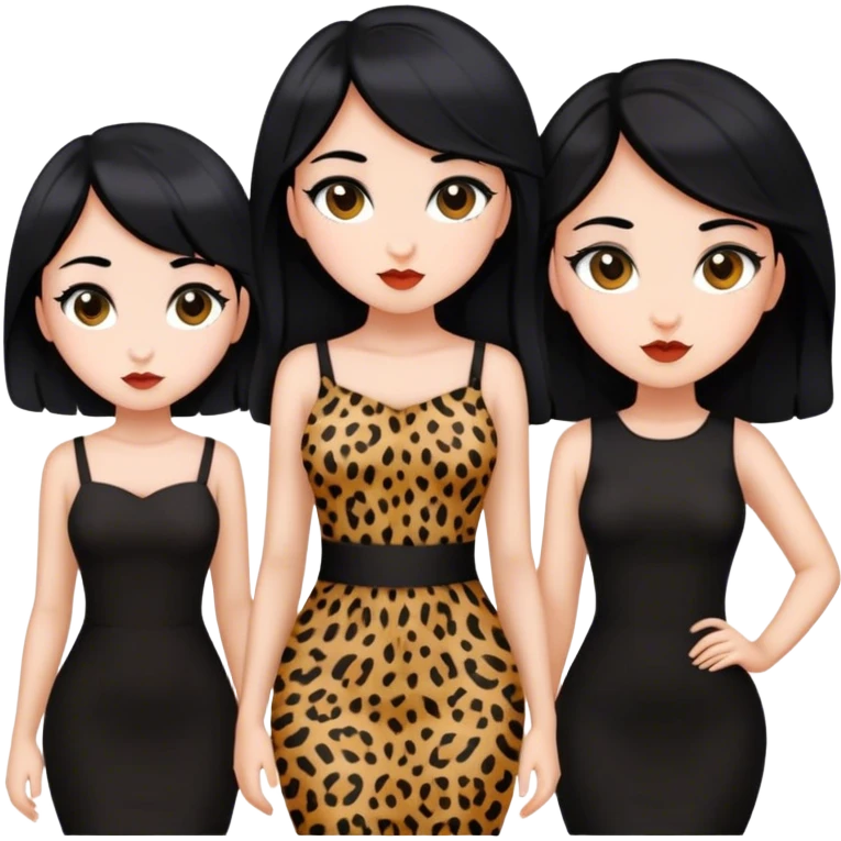 5 girls with black hair wearing black dresses or cheetah print  emoji