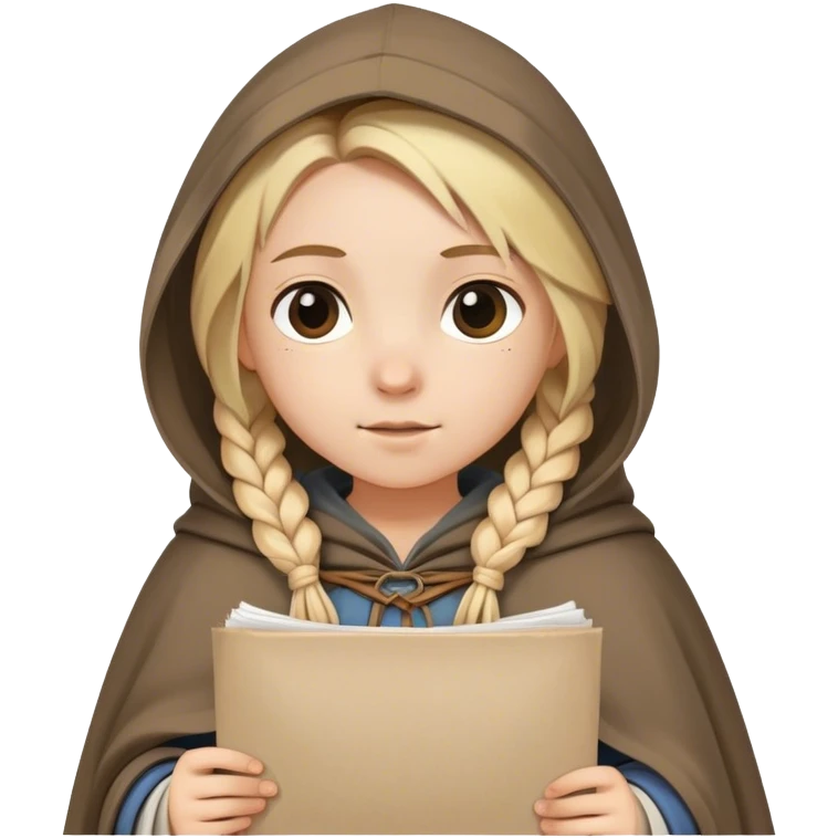girl with blond braids wearing a tunic and a cloak with a hood over her shoulders holding a sheet of paper, medieval age emoji