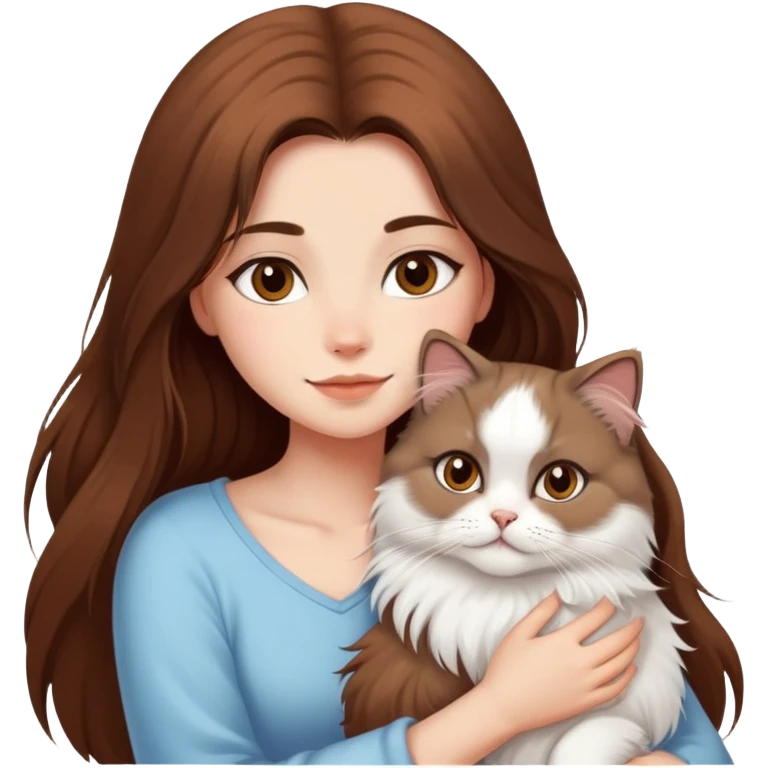 pretty girl with long brown hair, hugging her persian cat emoji