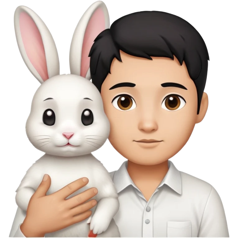 A tan-skinned Thai man with black hair and a low fade haircut, dressed in a white shirt, is holding a white rabbit with perky ears. emoji