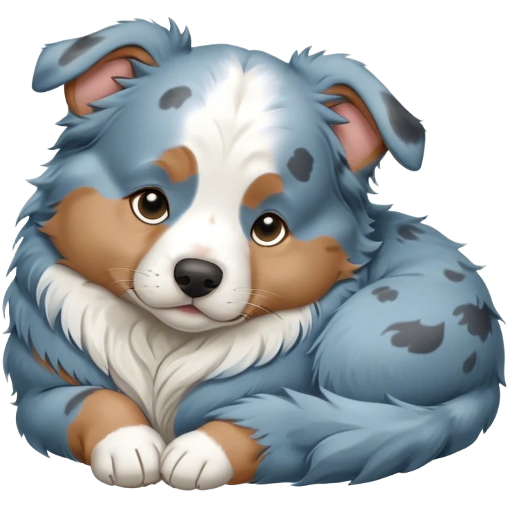 Cinematic Chubby Sleeping Blue Merle Australian Shepherd Portrait Emoji, Chubby and serene, with a round, adorable build and a soft blue merle coat accented by crisp white patches, eyes gently closed in peaceful slumber, Simplified yet irresistibly endearing features, highly detailed, glowing with a gentle, dreamy glow, high shine, relaxed and content, stylized with a touch of whimsy, bright and heartwarming, soft glowing outline, capturing the essence of a blissfully sleepy herder, so comically serene it feels like it could roll out of the screen and snore with adorable charm! emoji