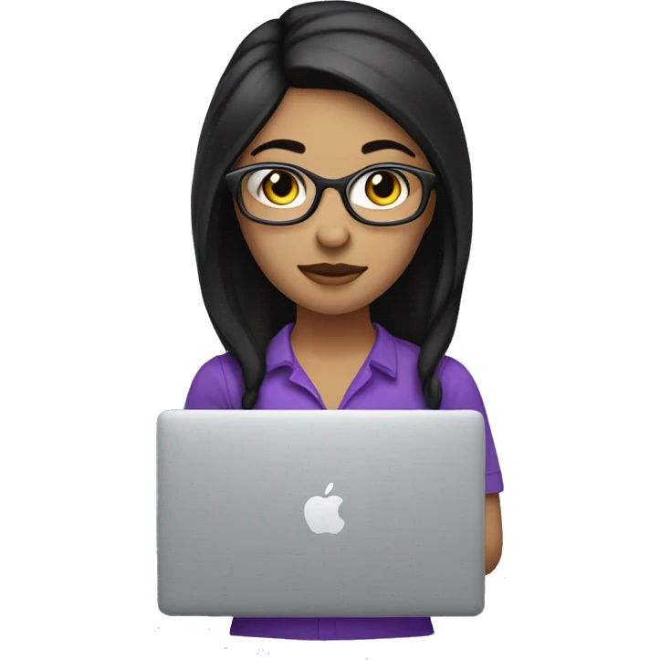 programmer girl with macbook. mendium length Black hair, black eyes, no glasses, purple shirt emoji