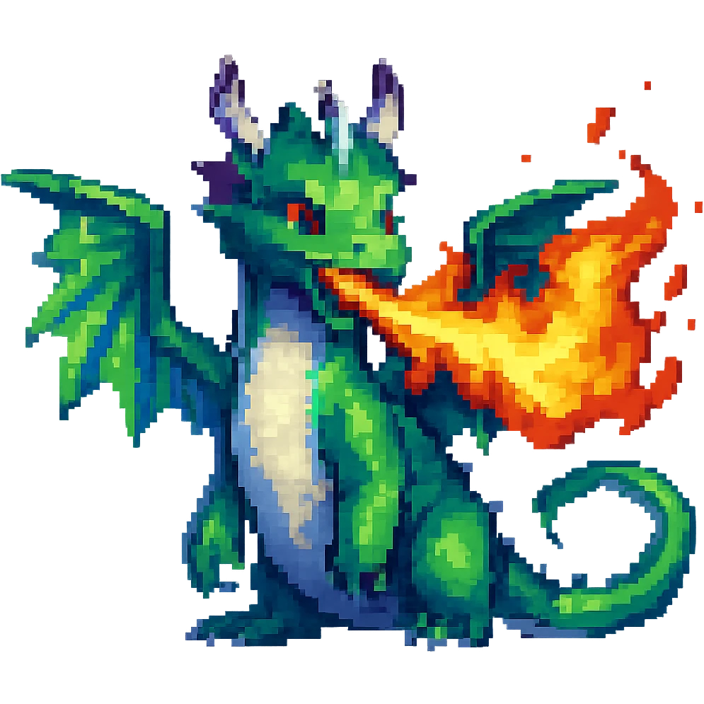 Add fire breath to the dragon in pixel art style, no background, keep pixel art aesthetic and details. emoji