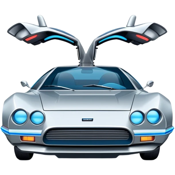 Retro-futuristic hover car inspired by the DeLorean, gullwing doors, silver metallic body with blue-tinted windows, stylized jet boosters in the back, flat vector style, outlined shapes, minimal design emoji