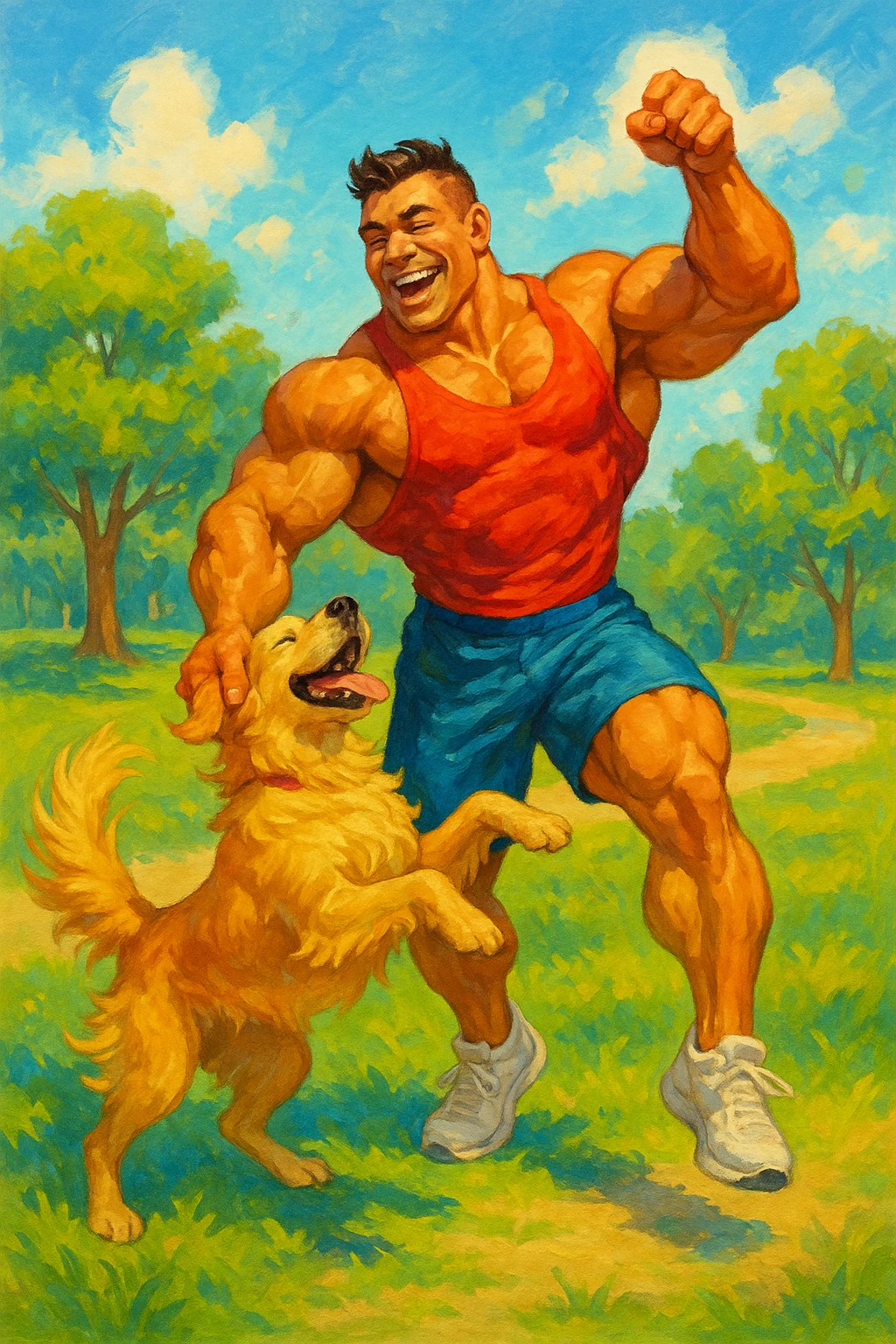 Bodybuilder che balla con un golden retriever emoji