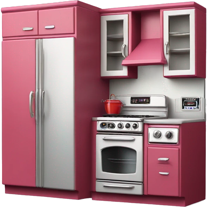 Isolated full length Realistic raspberry vintage retro kitchen range with cabinets and counters. emoji