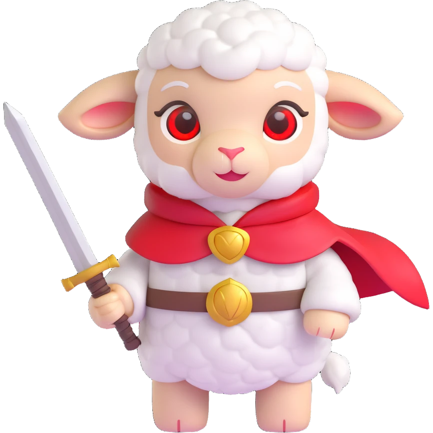 cute cartoon lamb with white wool, gray face, red glowing eyes, small horns, wearing a red cape with a yellow bell, holding a large sword emoji