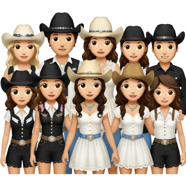 Group of 18 friends at Coachella music festival with brunette bride wearing all white and everyone else wearing all black cowgirl and cowboy theme (8 girls, 10 guys) and one mini goldendoodle emoji