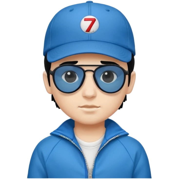 make a genmoji of a boy with a white baseball cap, black hair and a blue zipper jacket with black sunglasses emoji