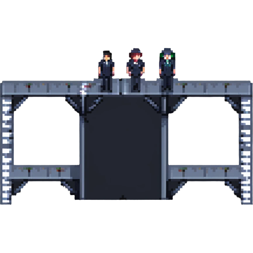 pixel art of a leader and a manager standing on different platforms connected by a bridge emoji