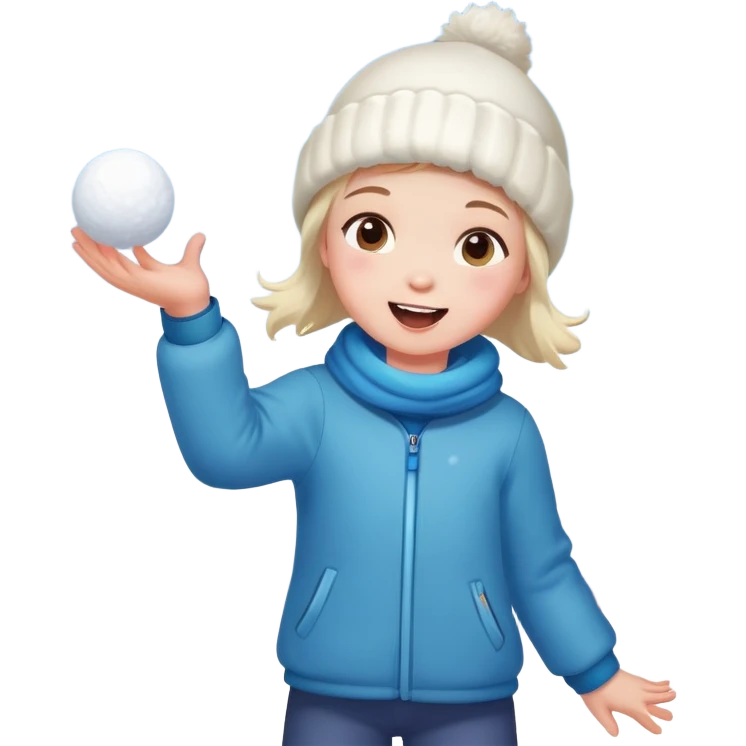a child throwing a snowball, snowy background, cheerful expression emoji