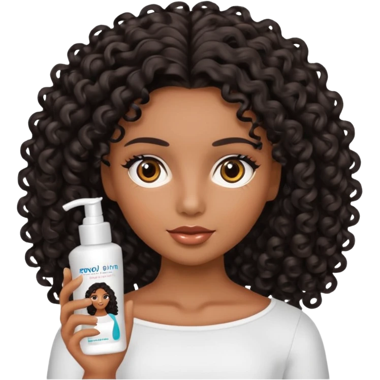 Uma boneca morena com olhos castanhos e cabelo cacheado longo preto, com creme de pentear na mão da Salon line emoji